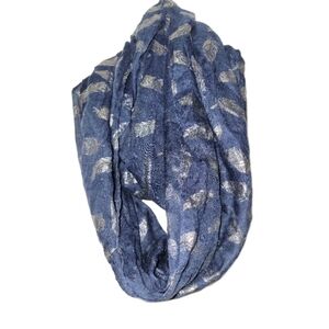 Navy Blue Silver Feather Print Infinity Scarf Loop